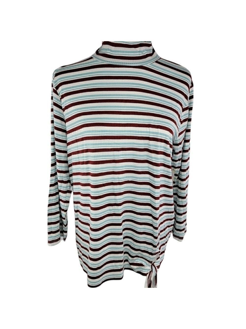 St John's Bay Claret Stripe Women's Long Sleeve Top Classic Blouse Size Large